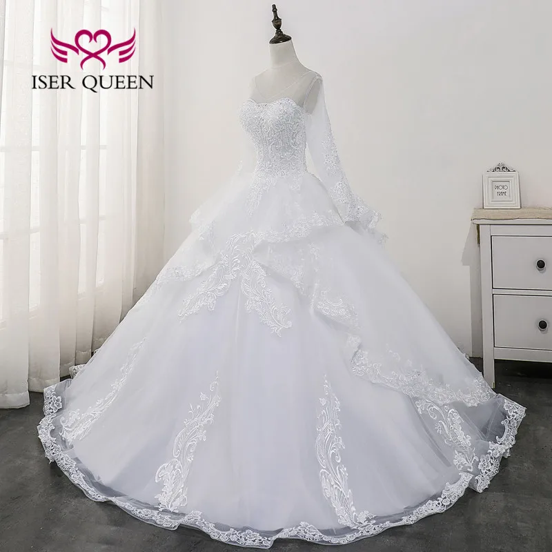 Aangepaste Backless Lange Mouw Trouwjurk Bruid Robe De Mariee Sheer Hals Kant Applicaties Baljurk Trouwjurken WX0175