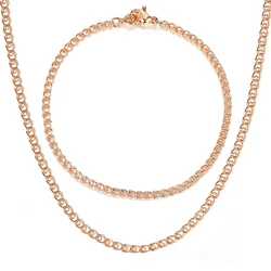 Fashion 3mm 585 Rose Gold Color Bracelet Necklace Set for Women Girls Snake Link Wedding Party Female Jewelry Sets Gifts CS22