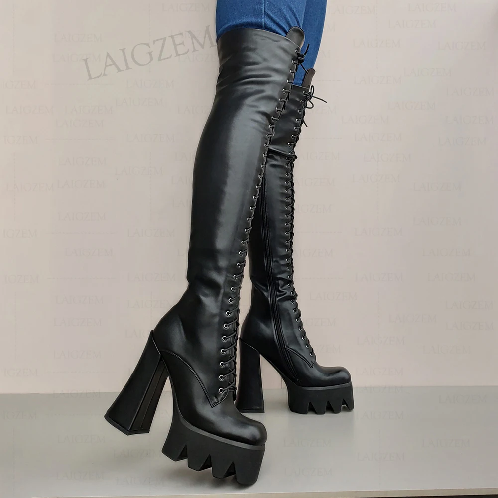 SEIIHEM Women Over Knee High Boots Platform Thick Block Heels Boots Tall Black Side Zip Handmade Shoes Woman Big Size 34 38 41