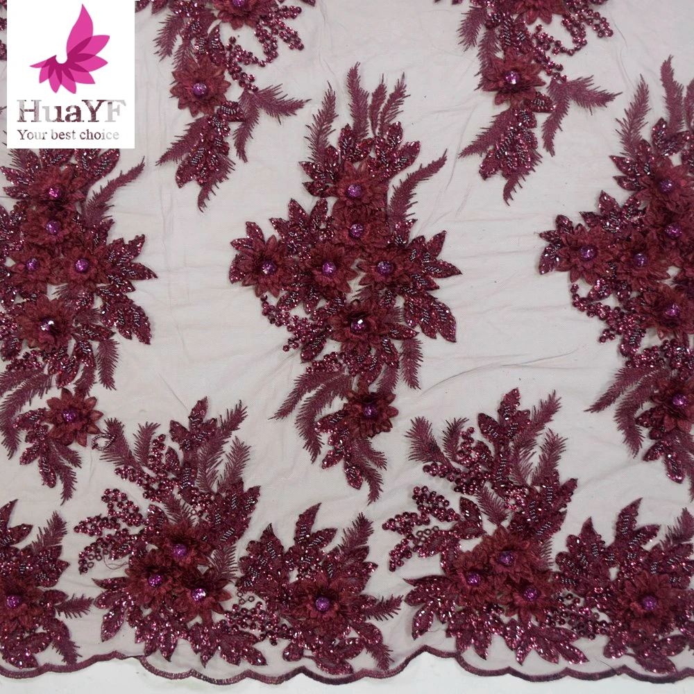 Hot Sale New African Red Wine 3d Flower Beaded Lace With Sequins Chiffon Applique Wedding Dress Fabric HY1710-1