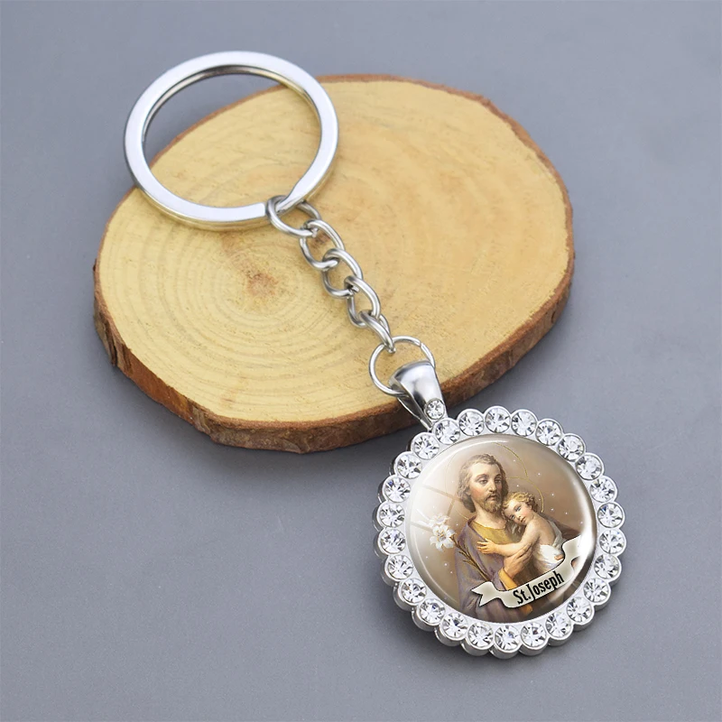 Saint Keychain Religious Gift Jewerly St Michael St Anthony St Therese St Joseph Rhinestone Pendant Keychains Keyrin