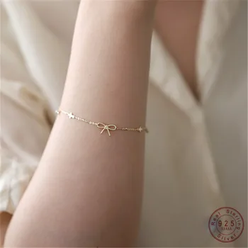 925 스털링 실버 14K 골드 도금 지르콘 팔찌 여성을위한 간단한 기질 트위스트 보우 스타 팔찌 쥬얼리
