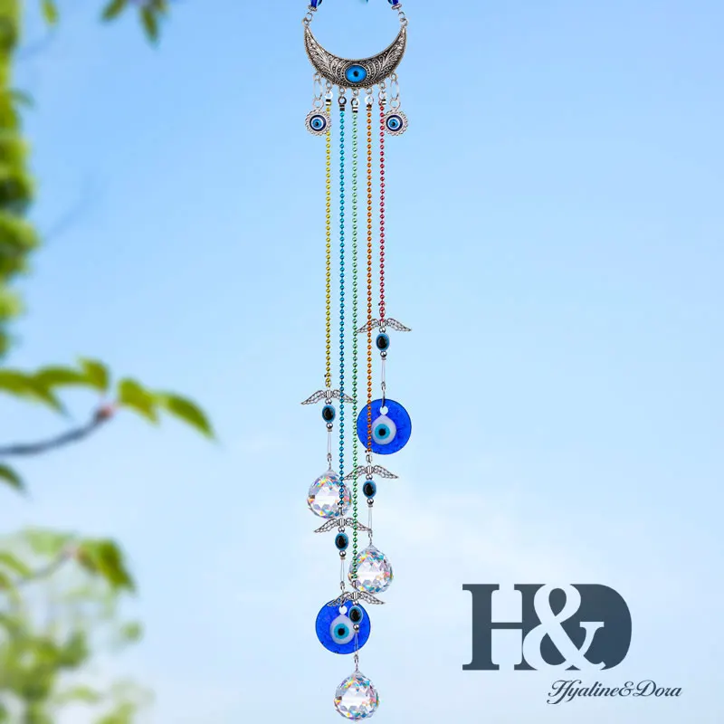 H&D Hanging Turkish Amulet Blue Evil Eye Charm Pendant Glass Ball Prism Suncatcher Metal Moon Angel Part Rainbow Maker Pendants