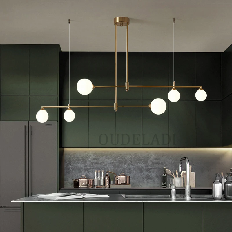 Nordic Copper lighting fixtures Modern Glass Ball Long Chandelier Dining Room Bedroom Kitchen Island LED Hanging Lamp