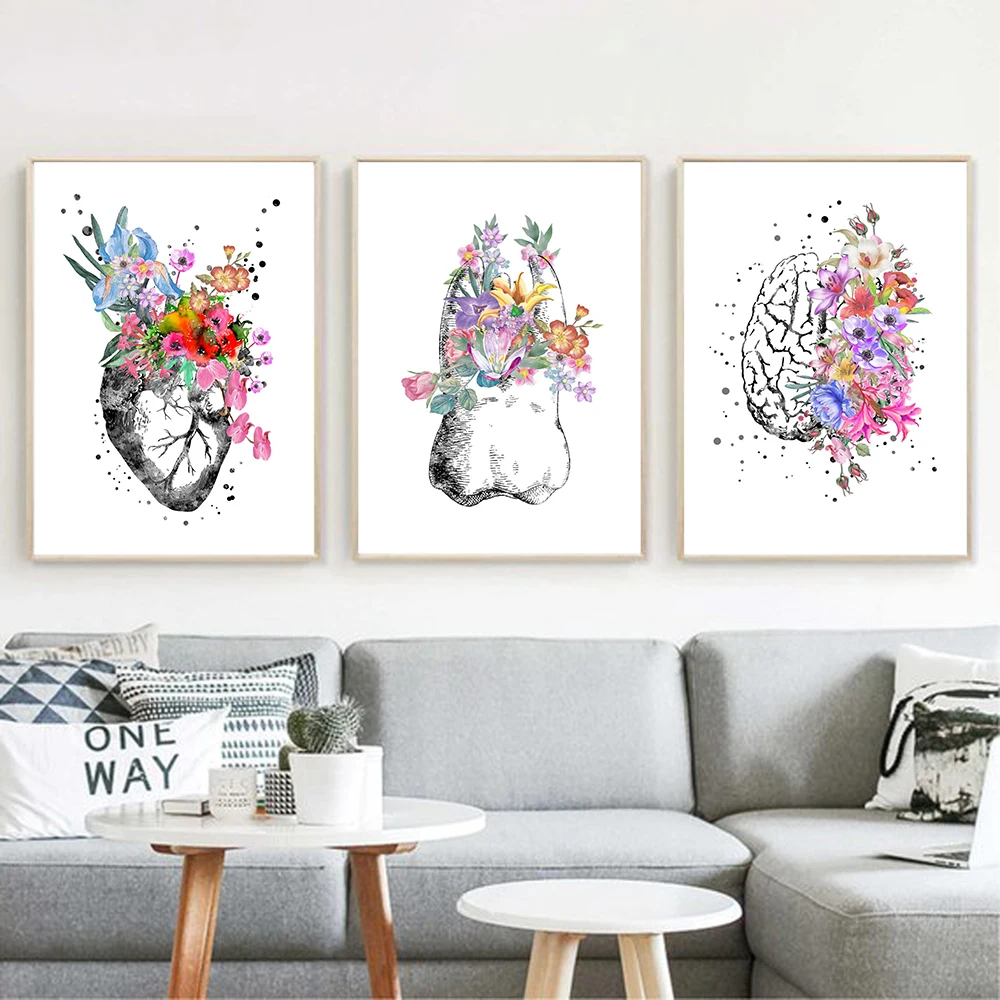 Colorful Anatomy Floral Brain Heart Tooth Wall Art Canvas Painting Nordic Posters And Prints Wall Pictures Doctors Office Decor