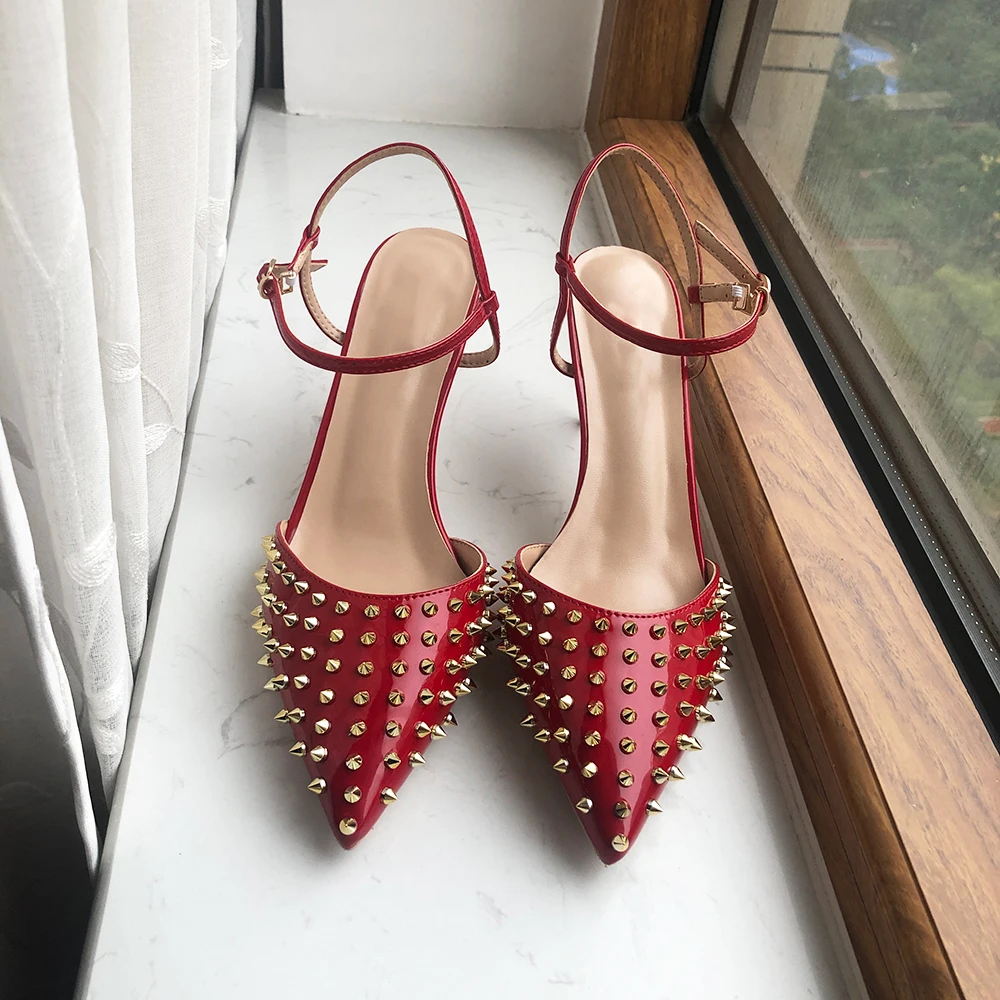 Tikicup Metal Spikes Summer Women Red Pointy Toe High Heel Slingbacks Pumps Ankle Strap Sexy Ladies Stilettos Shoes Customize