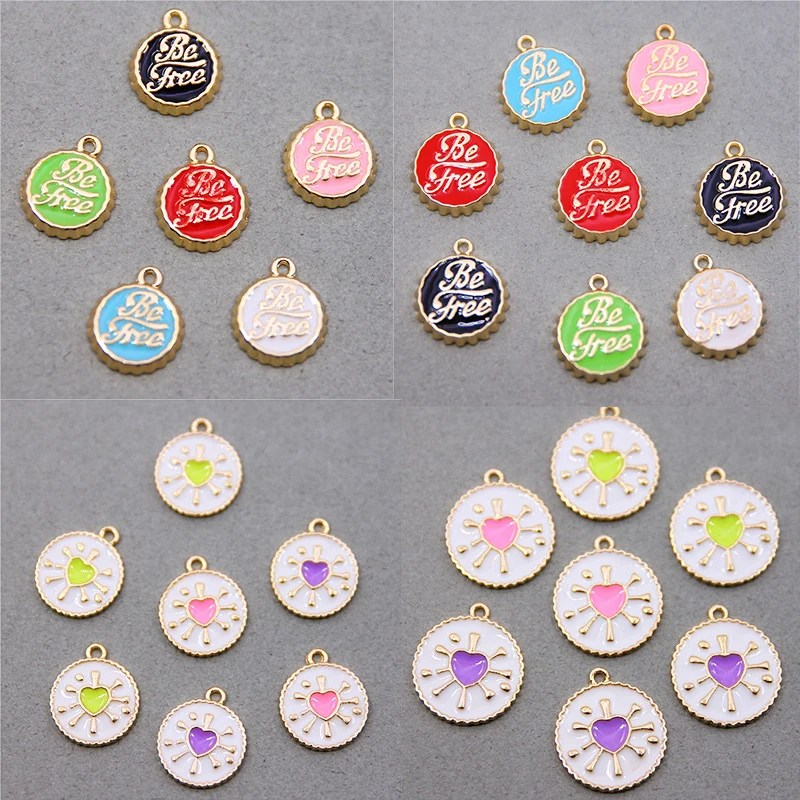 6pcs Be free Beverage Bottle Cap Enamel Charm Neon Pink Orange Red Heart-shaped Pendant Oil Dropped,Necklace Bracelet Pendant