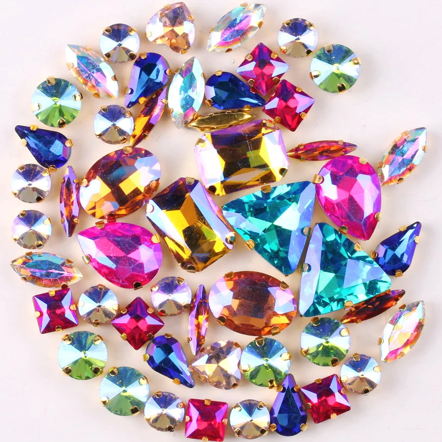 Goldene Krappenfassung 50 Stück/Beutel 11 Formen Mix AB Farben Glaskristalle zum Aufnähen Strass-Kristalle für Hochzeitskleider Schuhe Taschen DIY-Verzierung – Detail 3