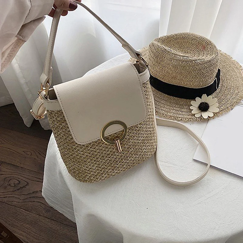 Small Straw Bucket Bags For Women 2024 Summer Crossbody Bags Lady Travel Purses And Handbags Female Shoulder Simple Bag