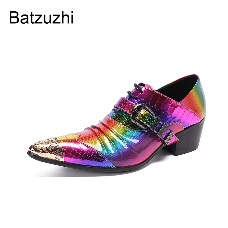 

Batzuzhi Rock Handmade Mens Shoes Pointed Golden Metal Toe Leather Dress Shoes Men Lace-up Multi Fashion Party and Wedding Shoes