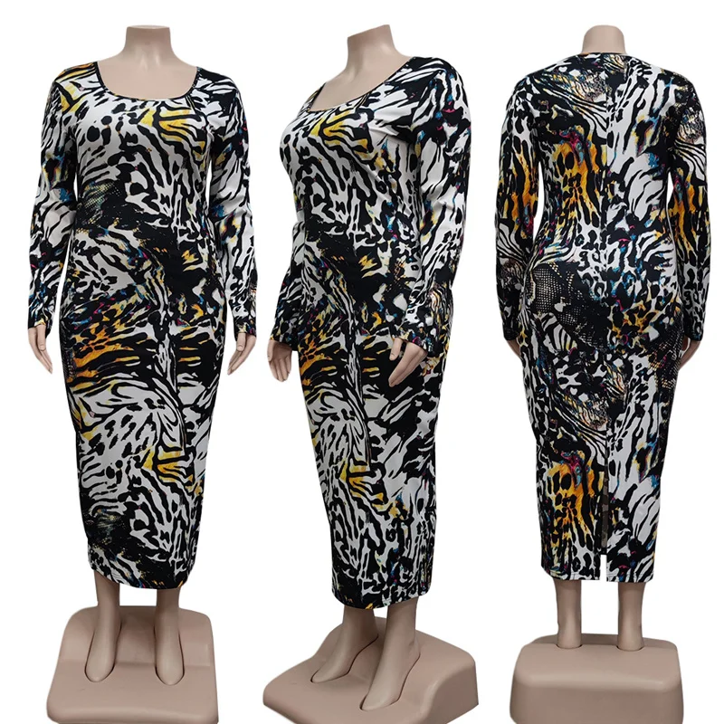 Vestidos de talla grande para mujer, de fiesta con estampado de leopardo maxivestido elegante, manga larga, venta al por mayor, 5XL, primavera, 2021