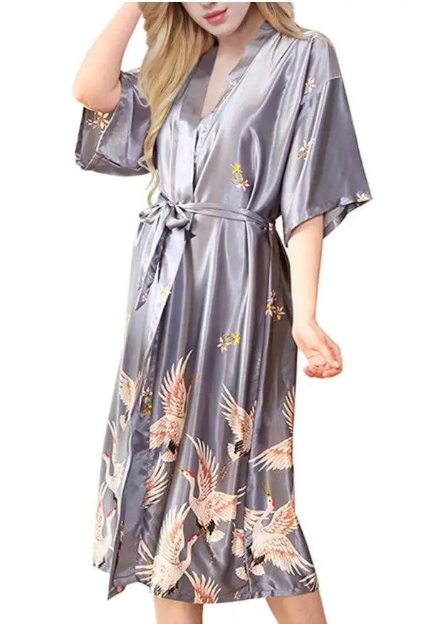 Gray satin Long Bathrobe Women Wedding Bride Bridesmaid Robe Nightgown Sleepwear Print Crane Kimono Size S M L XL XXL XXXL