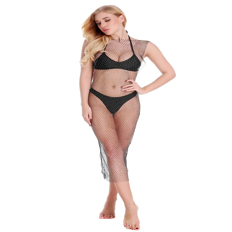 Frauen Bikini Bling Kristall Cover Up Tops Sexy Fishnet Aushöhlen Durchsichtig Badeanzug Bademode Tops Schwarz Weiß