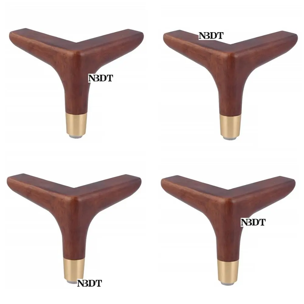 4Pcs Rubber Wood Walnut Stain Triangular Leg Feet With Brass Tip For Sofa Furniture Coffee Bar Cabinet Replacement Screw