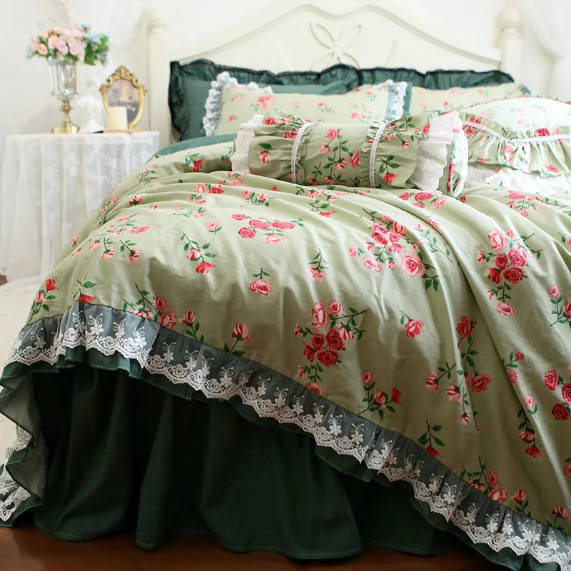 Korean French princess style retro floral fresh lace ruffles pure cotton green bed skirt full queen king bedding set S