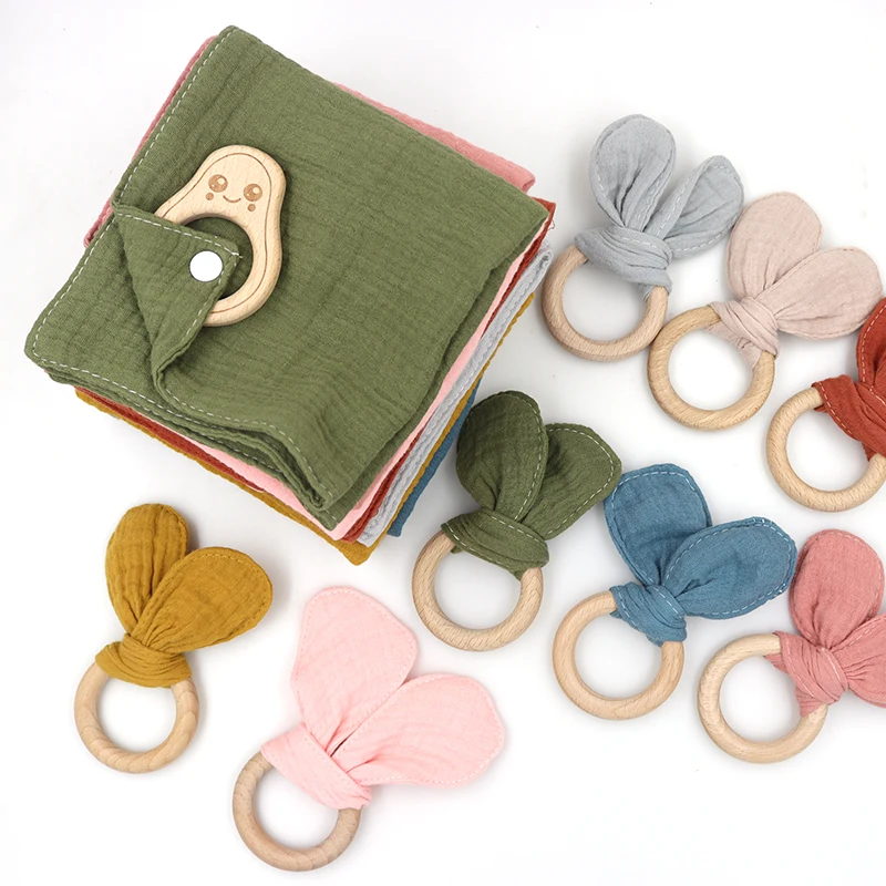 100%  muslin cotton baby comforting towel bunny teether wooden ring newborn pacifier chain baby teether set