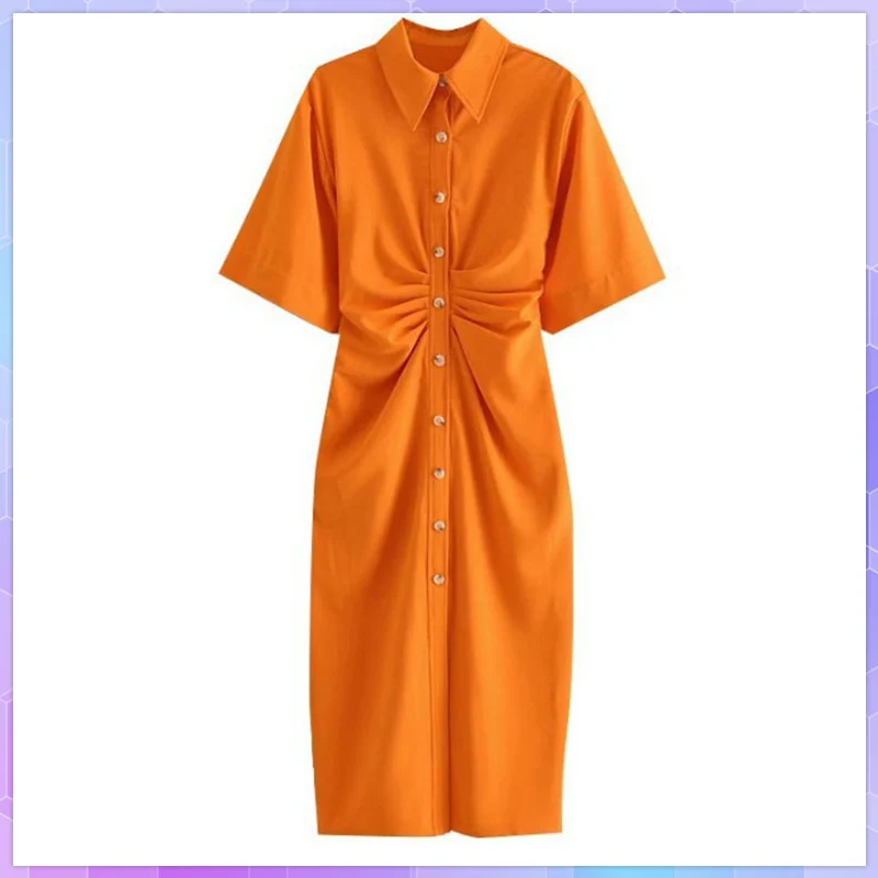 Elegant Dresses For Women Chic Fashion Button-Up Draped Midi Shirt Dresses Vintage Short Sleeve Side Zipper Long Female Dress