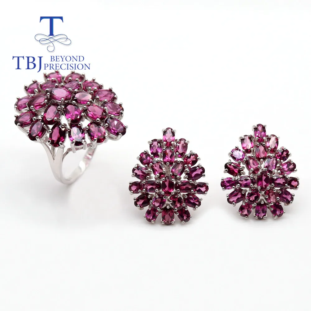 

TBJ Natural rhodolite garnet gemstone Jewelry set 925 sterling silver clasp earring Ring fine jewelry for women birthday party