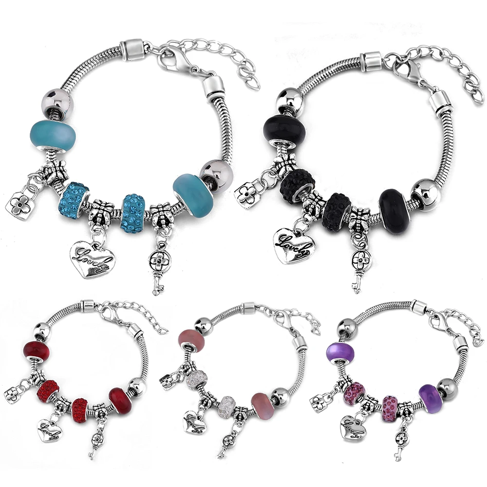 Charm-Schlüssel- und Schloss-Armreif, 6 Farben, herzförmiger Stil, Armband, Hummer-Schnalle, Schlangenkette, Zirkon-Perlen-Armreifen, 2021, Damenschmuck