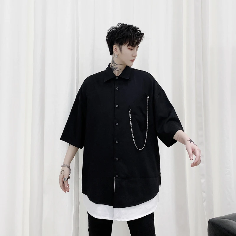 Men Metal Chain Pendant Black White Splice Hem Short Sleeve Casual Loose Shirt Male Japan Korea Style Streetwear Hip Hop Shirt