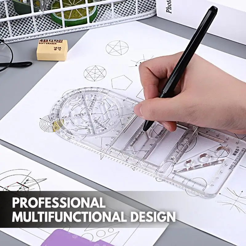 مسطرة هندسية متعددة الوظائف قالب رسم هندسي أدوات قياس للمدرسة اللوازم المكتبية رسم مسطرة قياس