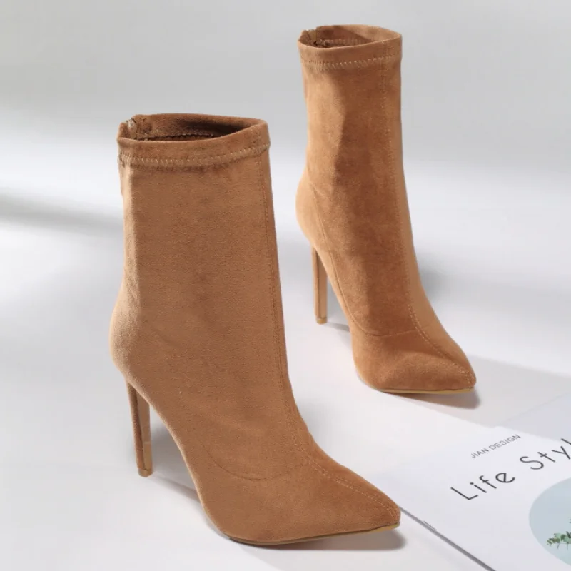 Fashion Suede Women Ankle Boots Pointed Toe High Heels Zipper Boots Women Sexy Pumps Shoes Solid botas femininas 35-42 WSH4199