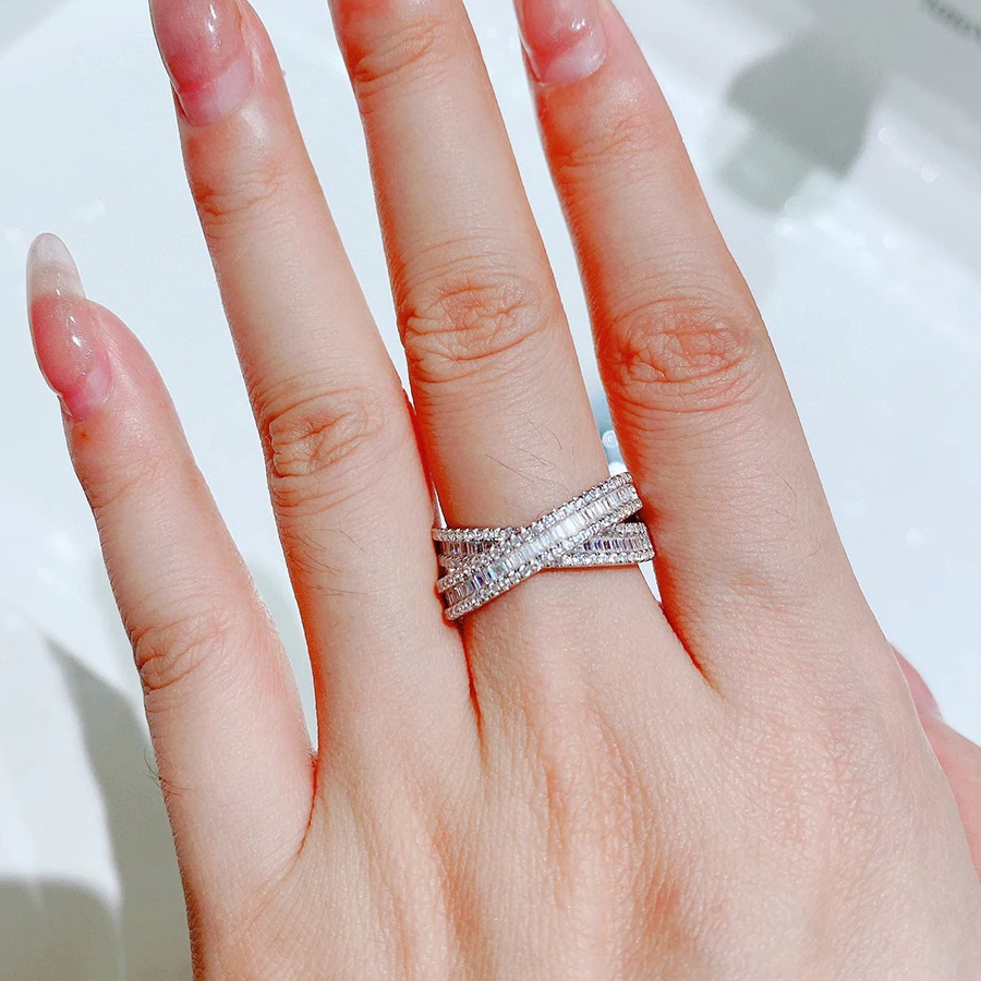 Luomansi Super Flash Full Diamond Double Ring Interlaced Ring S925 Silver Super Flash Ring Wedding Women Fine Jewelry