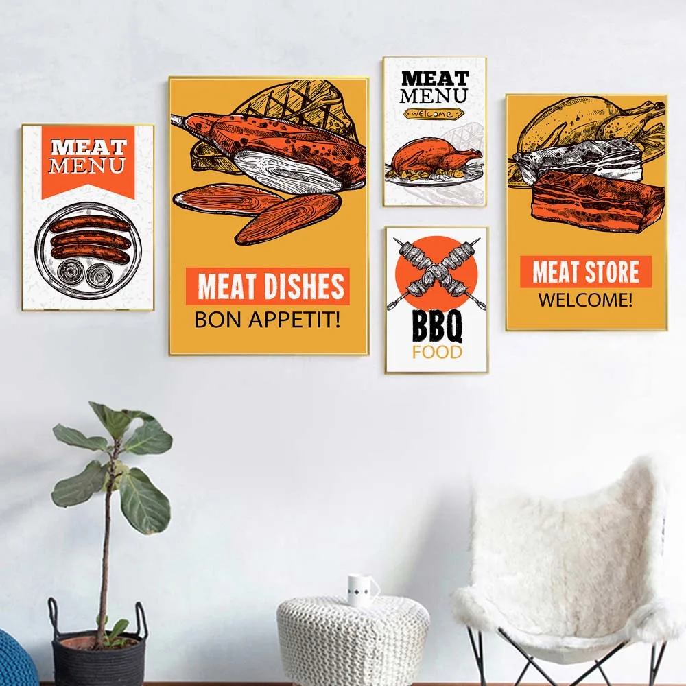 Pratos de carne churrasco comida bife bon appetit nórdico cartazes e impressões arte da parede pintura em tela fotos parede cozinha restaurante decoração
