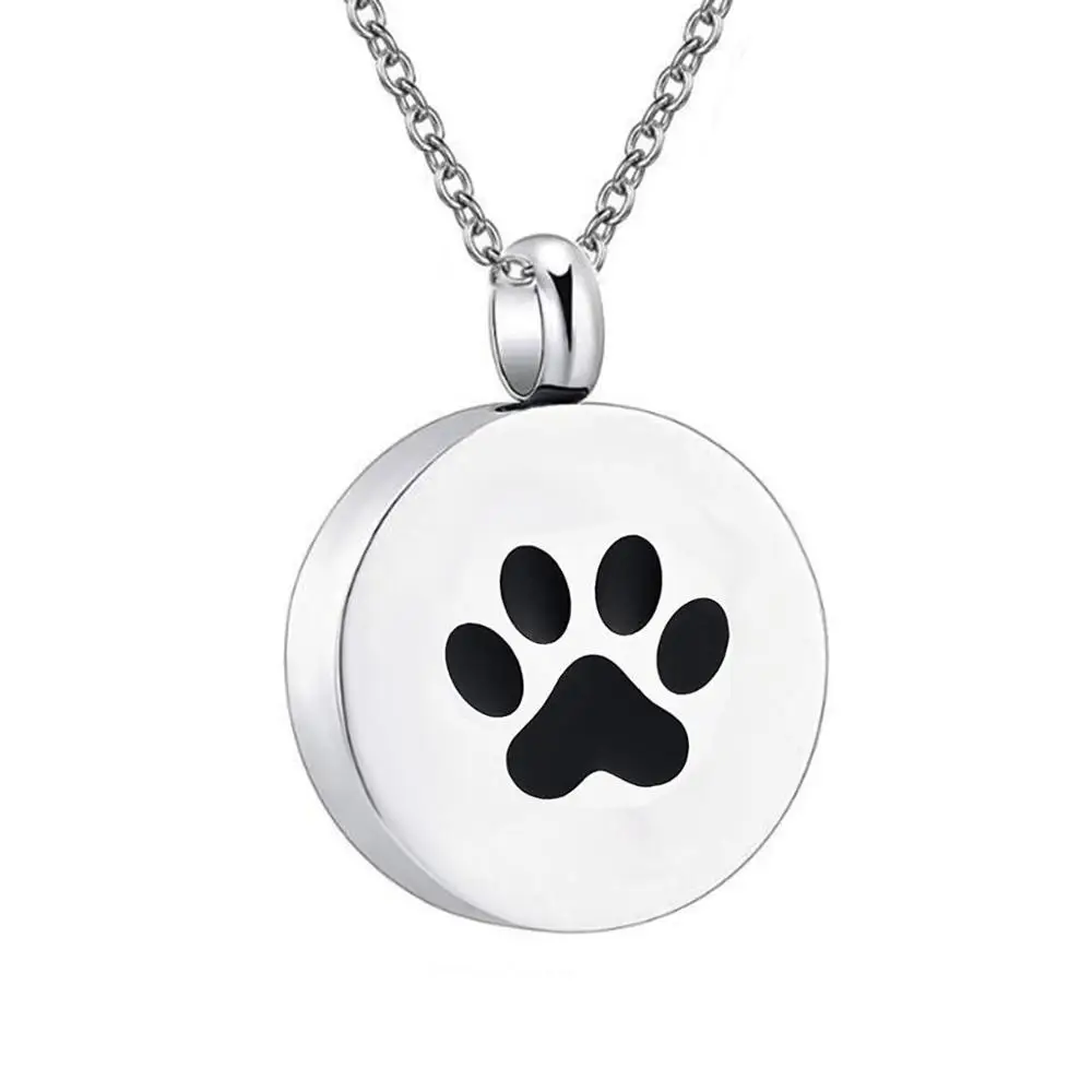 Stainless Steel Pet Paw Cremation URN Necklaces for Ashes Round Memorial Pendant 20inch Chain with Fill Kit