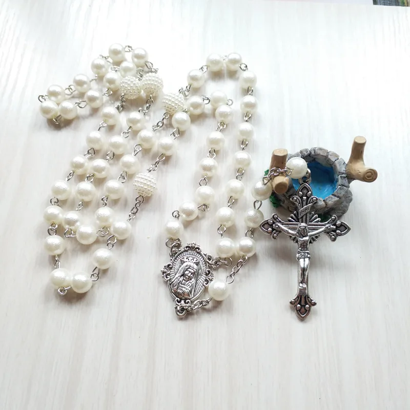 QIGO White Acrylic Pearl Long Catholic Necklace Cross Pendant Rosary Necklace Religious Jewelry