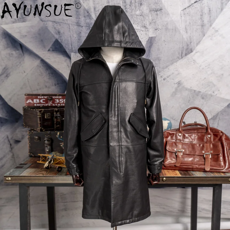 Sheepskin Genuine Leather Jacket Men Clothing Korean Hooded Men's Windbreaker Medium Long Clothes Hommes Veste LXR921