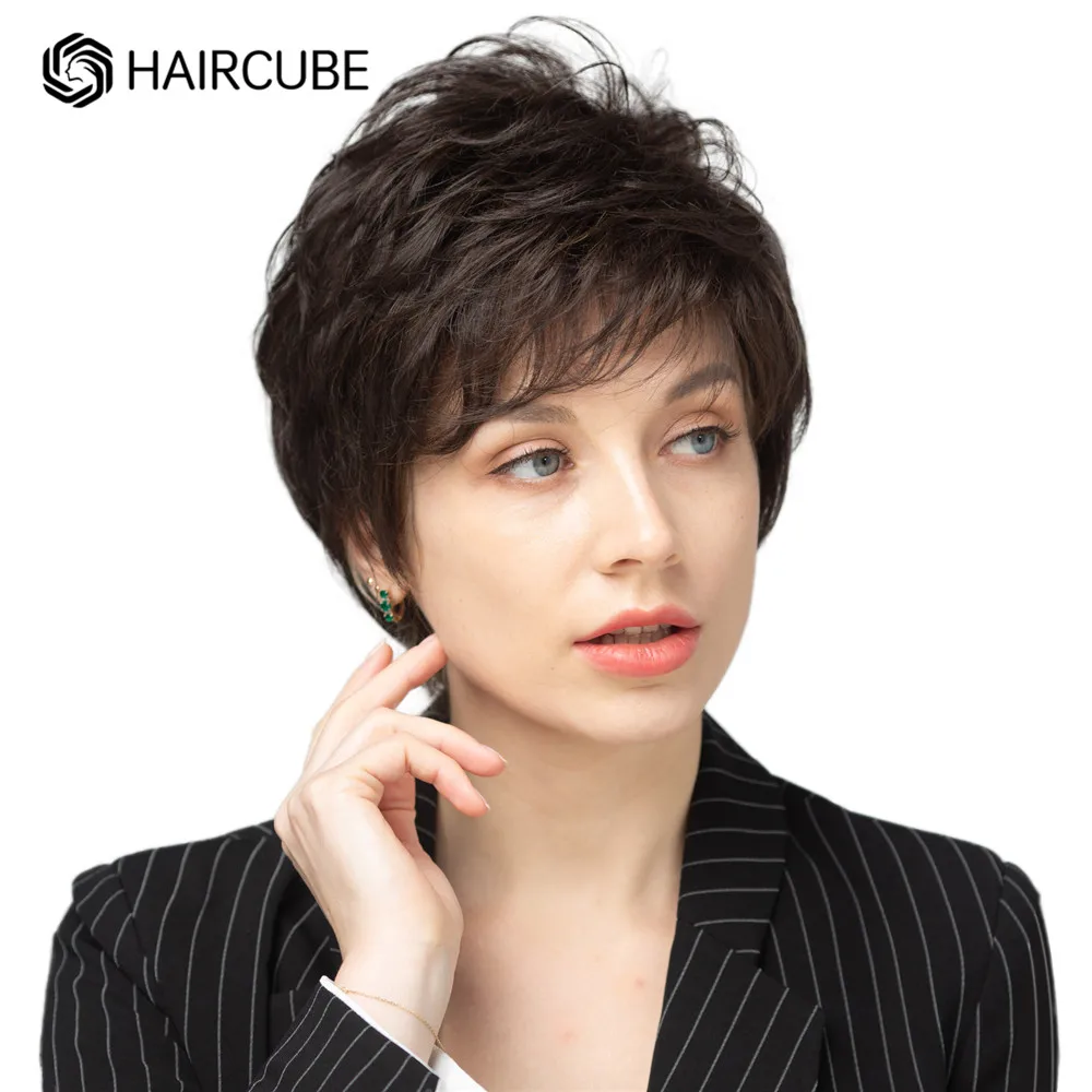 Haircube Korte Donkerbruin Pixie Cut Pruik Menselijk Haar Mix Synthetische Pruiken Met Bang Natuurlijke Gelaagde Hittebestendige Pruiken Voor vrouwen