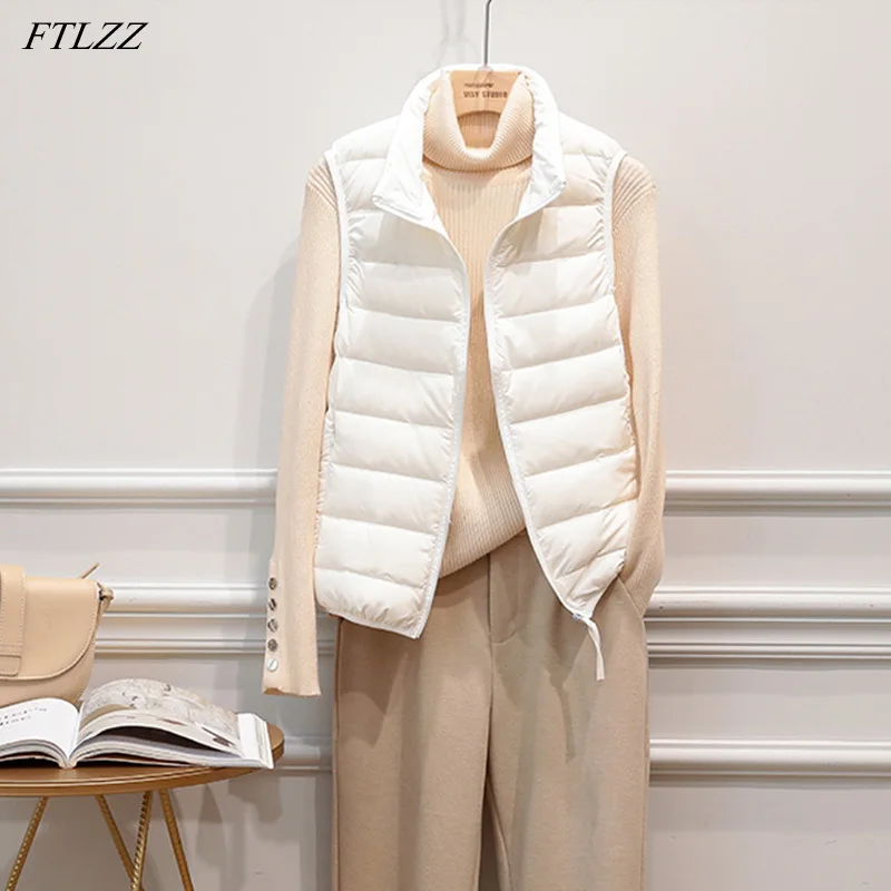 FTLZZ  Autumn Winter Ultra Light Down Vest Jacket Women Windbreak Sleeveless Short Coat  3XL White Duck Down Waistcoat