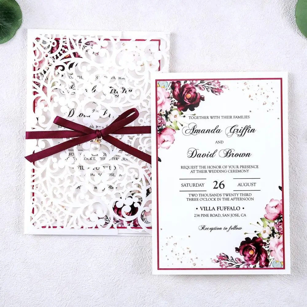 50pcs Laser Cut Hollow Rose Wedding invitations With Burgundy Ribbon and Envelopes For Wedding