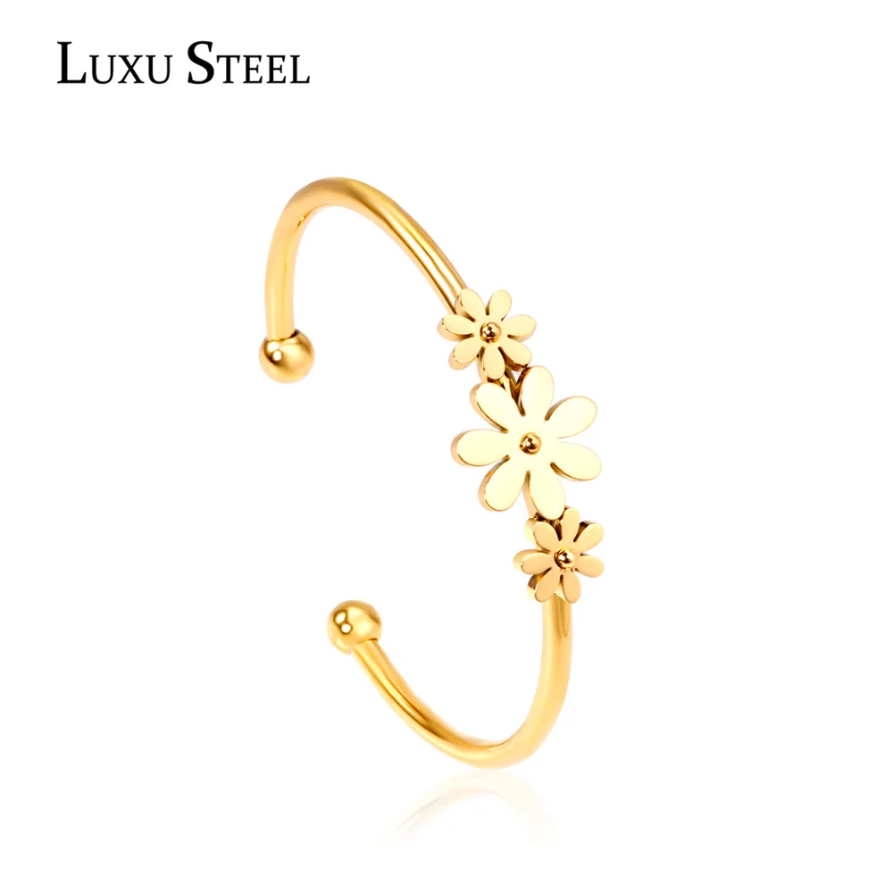 LUXUSTEEL Gold Color Flower Plant  pulseira Mujer Daily Wear Stainless Steel Steel Ball Cuff Bracelets Fashion Jewelry