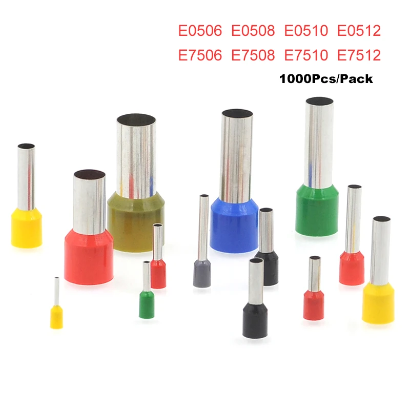 

1000Pcs Tube Crimp Terminals Insulated Cord End Electrical Wire Connector E0506~E7512 Cable Brass Ferrules 0.5-0.75mm2 22-20AWG