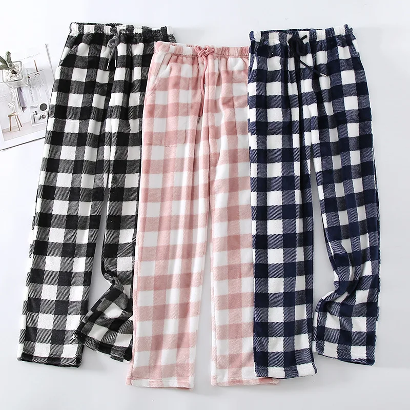 Fdfklak Fashion Plaid Flannel Sleep Bottoms Casual Loose Coral Fleece Warm Sleepwear Home Wear Pajamas Pant For Women Trousers