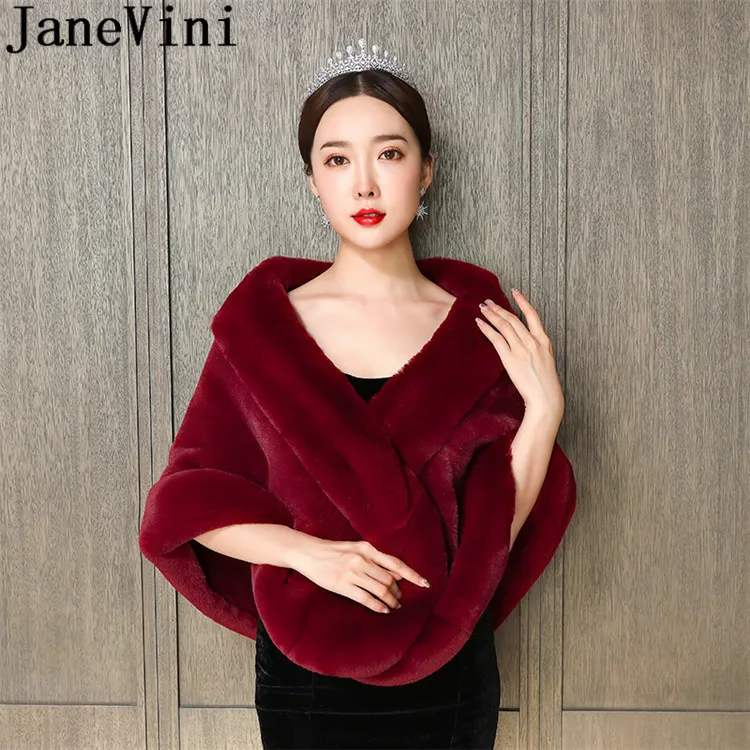 

JaneVini 2020 Wine Red Women Shrugs Faux Fur Cape Wrap Boleros Wedding Fur Coat Burgundy Evening Dress Party Bolero Bridal Shawl