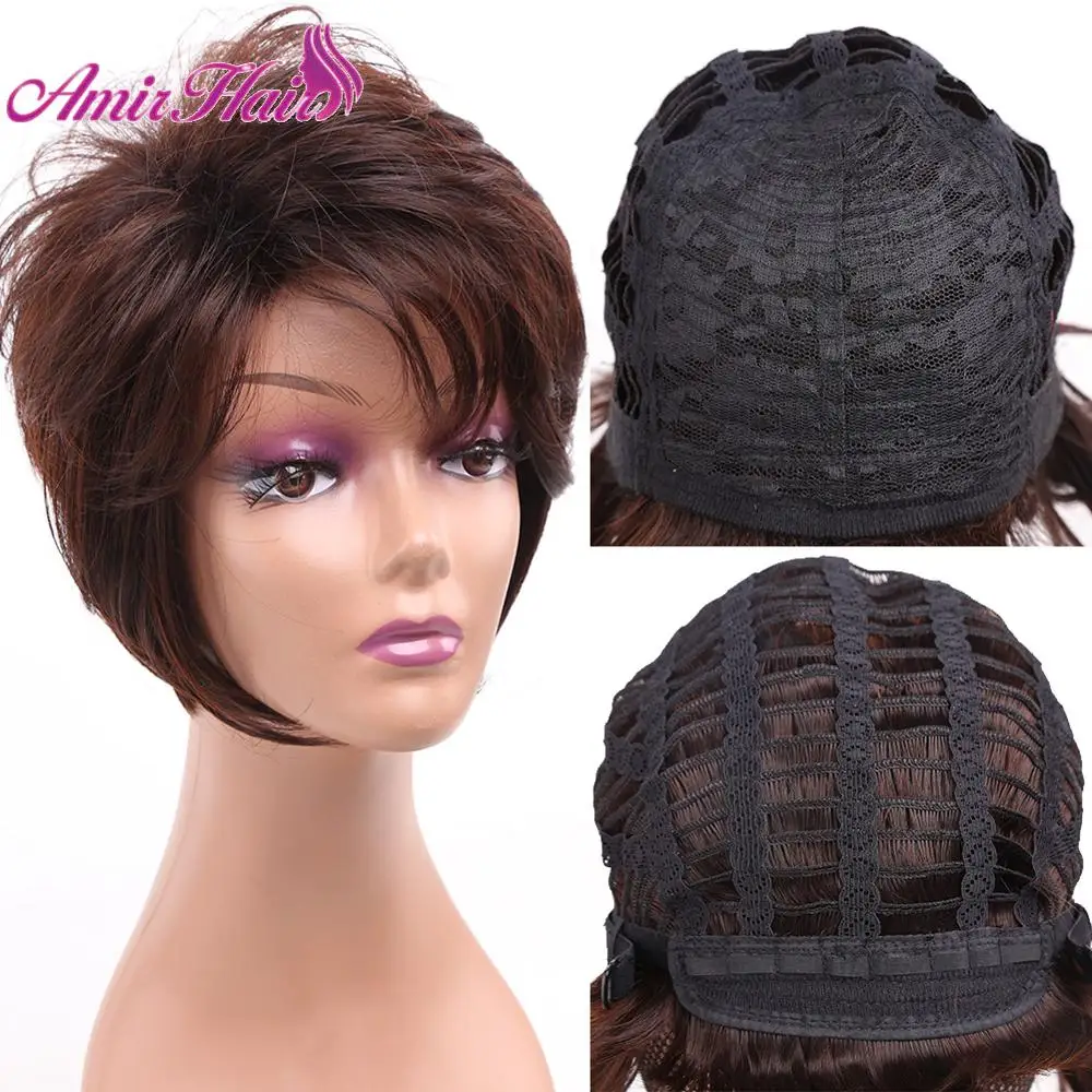 Amir Short Hair Staright Synthetic Wigs For Women Brown Red Hair With Part Side Bangs Layer Wig Heat Resistant Female Hair Piece