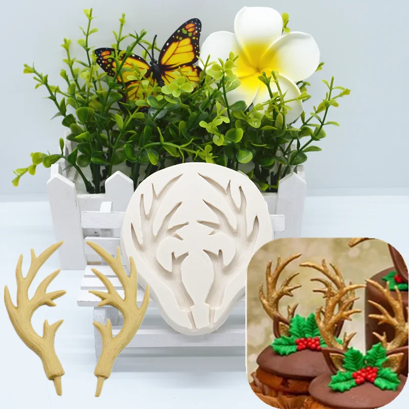 Deer Horns Silicone Mold Kitchen Resin Cake Baking Tool DIY Chocolate Pastry Fondant Moulds Dessert Lace Decoration Supplies