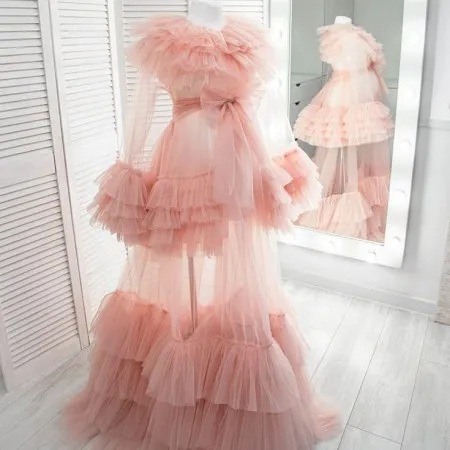 Soft Tulle Maternity Robes Long Sleeves With Bow Waistband Long Length See Thru Ruffles Pleated Pregnany Dresses