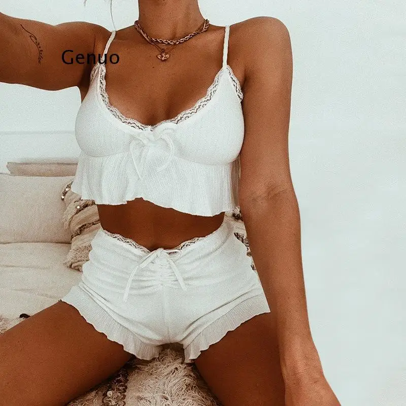 

Lace Women Shorts Sexy Crop Tops And Mini Shorts White Loung Wear Women's Tracksuit 2021Casual 2Piece Set Home Wear