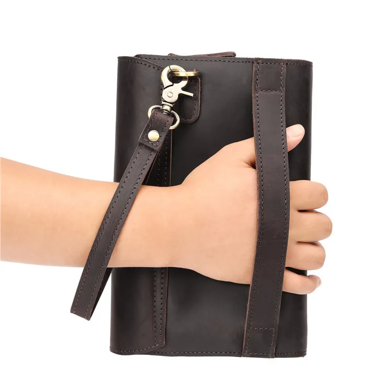 Men's RealLeather Clutch Bag Cowhide Handbag Underarm Clip Bag with Wrist Strap Phone Card Purse Male Business Cash Check Holder