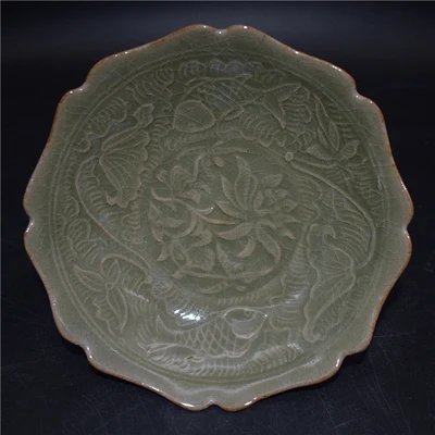 Imagem -03 - Yaozhou Kiln of Song Dinastia Peixe Esculpido Padrão Celadon Placa Decoração Casa Ornamentos