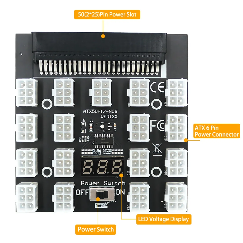 PCI-E 12V 50Pin to ATX 17 x 6Pin Power Supply Server Adapter Breakout Board for DELL 750W 1100W 1600W 2000W 2400W PSU GPU Mining