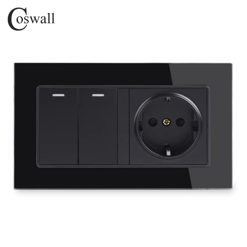 COSWALL Crystal Glass Frame Russia Spain EU Standard Wall Socket Grounded + 2 Gang 1 Way On / Off Light Switch 146*86mm