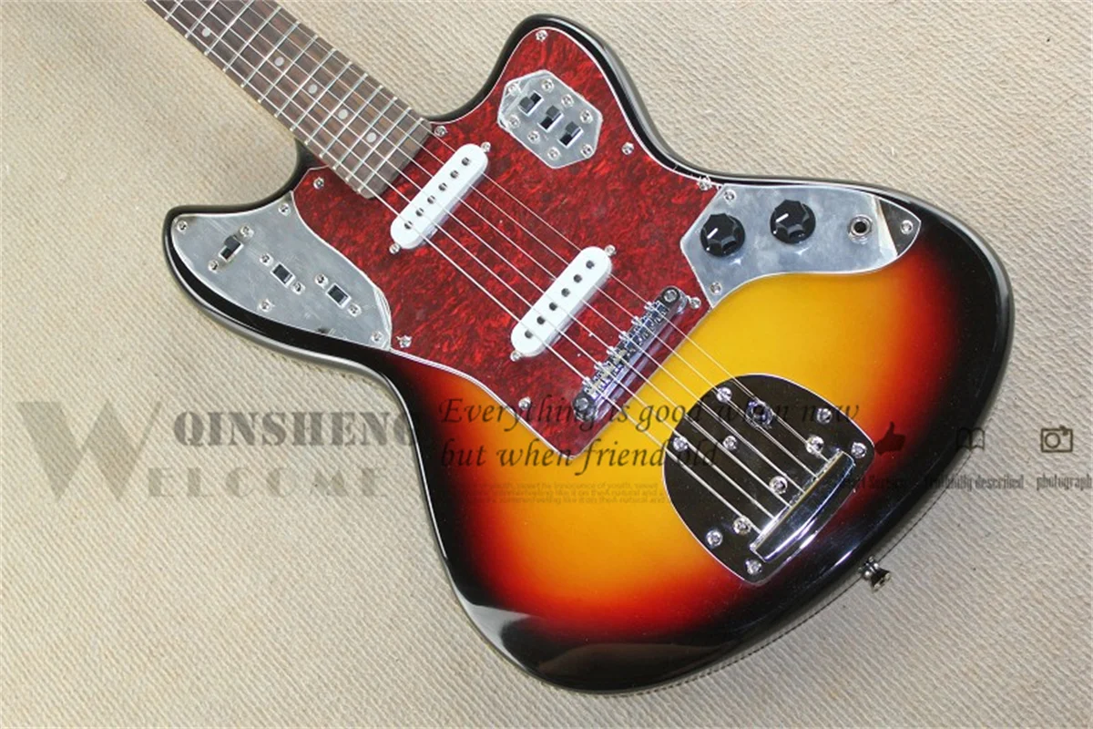 Factory Custom Electric Guitar Bass Jag Guitar,Sunburst Body Archaize Buttons Tremolo Bridge Red Tortoise Shell Pickguard