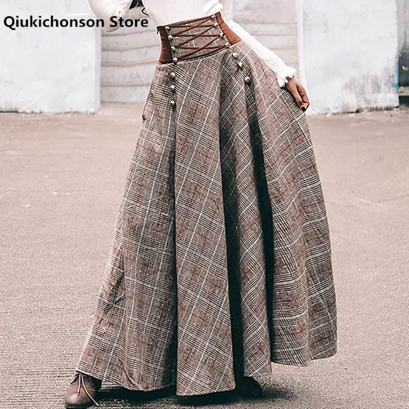 Francuska elegancka Vintage z wysokim stanem z guzikami wzorem koronka z tyłu spódniczka do gorsetu kobiety jesienno-zimowa gruba linia długa, maksi spódnice z wełny