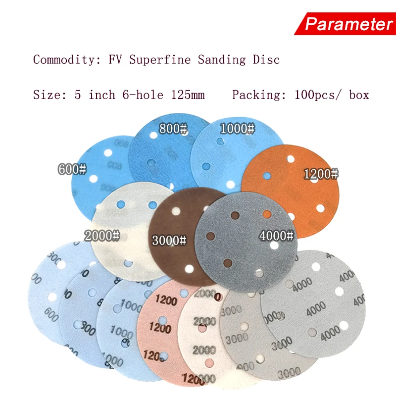 10 pc 5 Polegada 125mm 6 furos fv superfino molhado/seco gancho & loop filme corpo automático lixa discos pintura lixa abrasiva 600-5000 grão