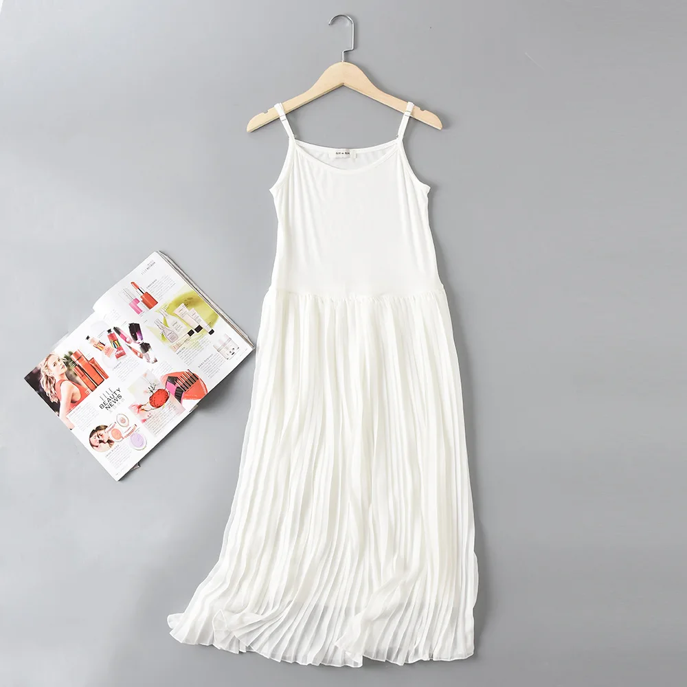 New Spring Summer Pleated Chiffon Dress Long Camisole Base Nightdress Modal Stitching Nightgown Women Loose Homewear Vestidos